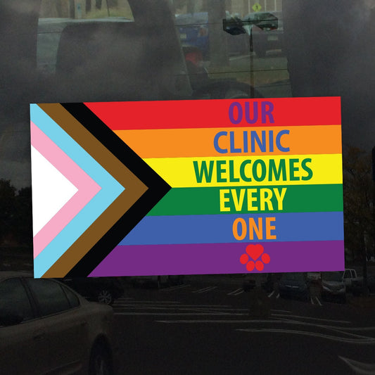 Our Clinic Welcomes Everyone Progress Pride Flag Heart Paw - Vibrant Static Cling Window Cling Indoor and Outdoor!