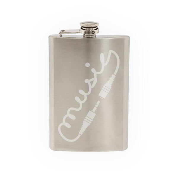 Audio #1 - Music Calligraphy Jack Connector Plug DJ - Etched 8 Oz Stainless Steel Flask
