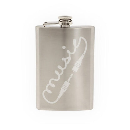 Audio #1 - Music Calligraphy Jack Connector Plug DJ - Etched 8 Oz Stainless Steel Flask