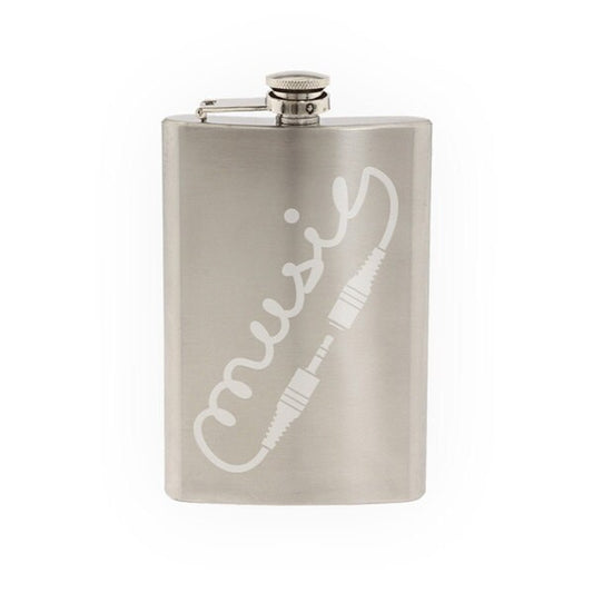 Audio #1 - Music Calligraphy Jack Connector Plug DJ - Etched 8 Oz Stainless Steel Flask