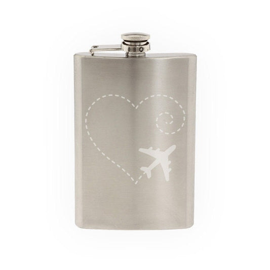 Airplane Drawing a Heart Swirl Love Sweet Valentine   - Etched 8 Oz Stainless Steel Flask