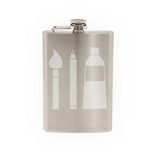 Art Icon #5 - Art Supply Display Design Paint Pencil Brush - Etched 8 Oz Stainless Steel Flask