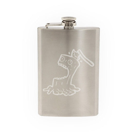Cartoon Screaming Tree Stump Axe Murderer Deforestation- Etched 8 Oz Stainless Steel Flask
