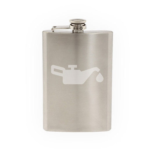 Car Garage Art #5 - Check Oil Engine Maintenance Symbol- Etched 8 Oz Stainless Steel Flask