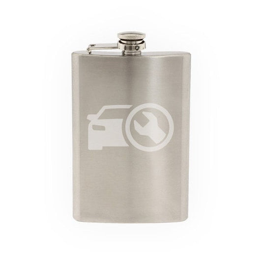 Car Garage Art #7 - Tune Up Engine Maintenance Symbol- Etched 8 Oz Stainless Steel Flask