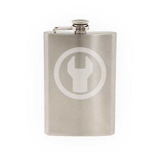 Car Garage Art #8 - Wrench Engine Maintenance Symbol- Etched 8 Oz Stainless Steel Flask
