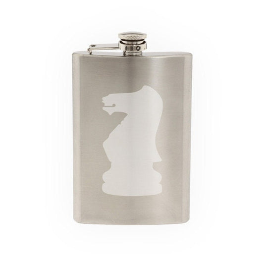 Chess Icon Champion - Knight Piece Silhouette Shadow - Etched 8 Oz Stainless Steel Flask
