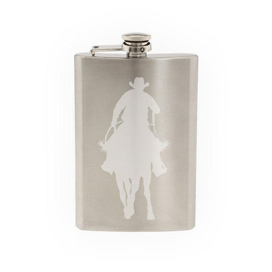 Cowboy silhouette #4 - Gunslinger Horseback Shootout- Etched 8 Oz Stainless Steel Flask
