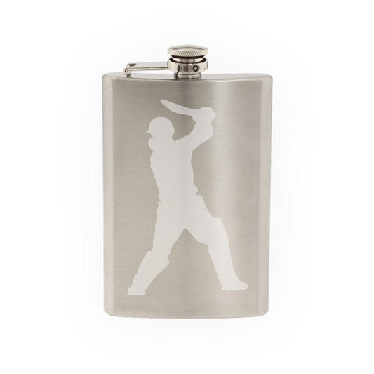 Cricket Player #3 - Batter Batsman Shot Score Wicket- Etched 8 Oz Stainless Steel Flask