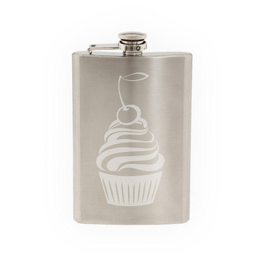 Cute Cupcake #2 - Cherry Whipped Ice Cream Topping Sweet - Etched 8 Oz Stainless Steel Flask