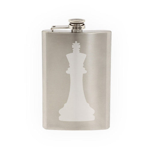 Chess Icon Champion - King Piece Silhouette Shadow - Etched 8 Oz Stainless Steel Flask