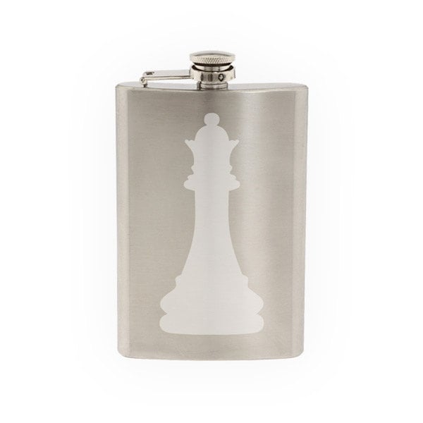 Chess Icon Champion - Queen Piece Silhouette Shadow - Etched 8 Oz Stainless Steel Flask