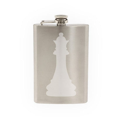 Chess Icon Champion - Queen Piece Silhouette Shadow - Etched 8 Oz Stainless Steel Flask