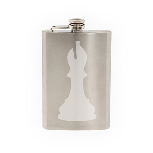 Chess Icon Champion - Bishop Piece Silhouette Shadow - Etched 8 Oz Stainless Steel Flask