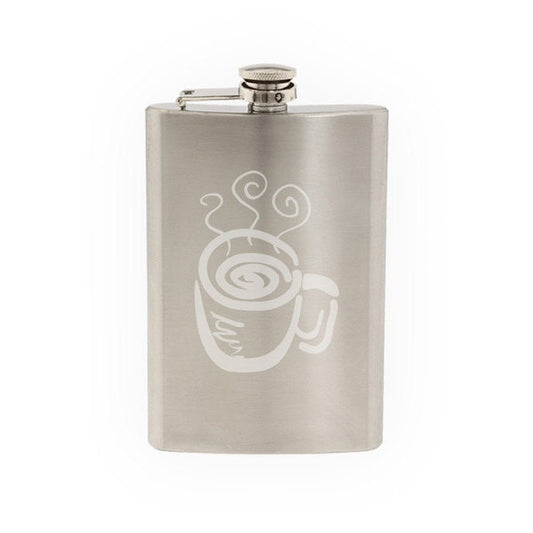 Coffee House Art #4 - Java Shop Mug Cappucino Espresso  - Etched 8 Oz Stainless Steel Flask
