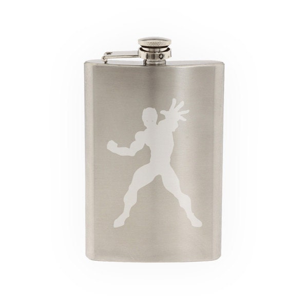 Comic Book Style - Super Hero Silhouette Power Version 1  - Etched 8 Oz Stainless Steel Flask