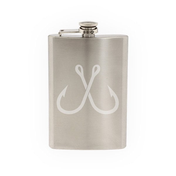 Crossed Fishing Hook Sport Fisherman Boating Bass Trout - Etched 8 Oz Stainless Steel Flask