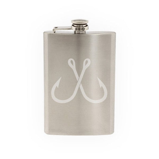 Crossed Fishing Hook Sport Fisherman Boating Bass Trout - Etched 8 Oz Stainless Steel Flask