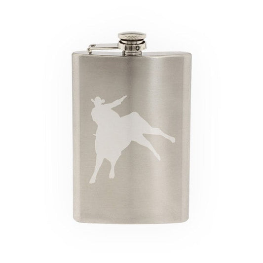 Cowboy silhouette #8 - Gunslinger Rodeo Bull Riding - Etched 8 Oz Stainless Steel Flask