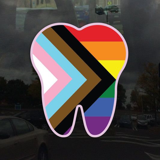 Tooth Shaped Progress Pride Flag LGBTQ POC Flag for Dental Office - Vibrant Color Static Cling Window Cling - Use Indoor and Outdoor!