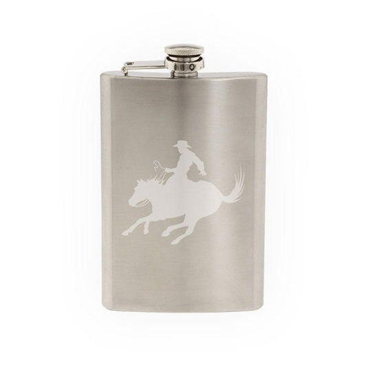 Wild West Rodeo - Cowboy on Horseback Lasso v.5- Etched 8 Oz Stainless Steel Flask