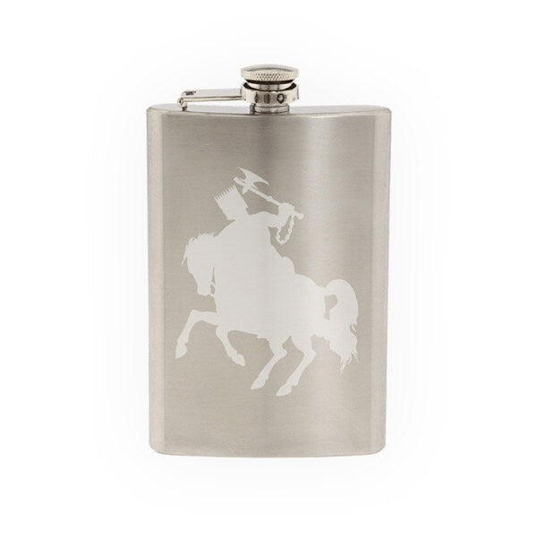 European Knight #3- Medieval Armored on Horseback Battle Ax - Etched 8 Oz Stainless Steel Flask