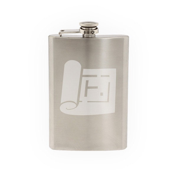 Engineering #1 - Blueprint Technical Drawing Icon Symbol- Etched 8 Oz Stainless Steel Flask