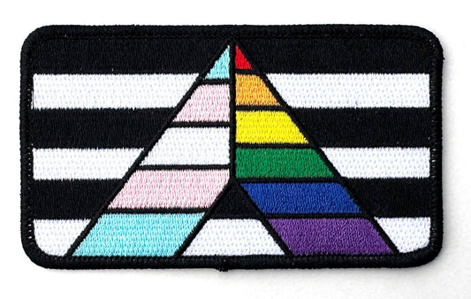 Ally Flag Embroidered Patch with Rainbow Flag and Transgender Flag motif.