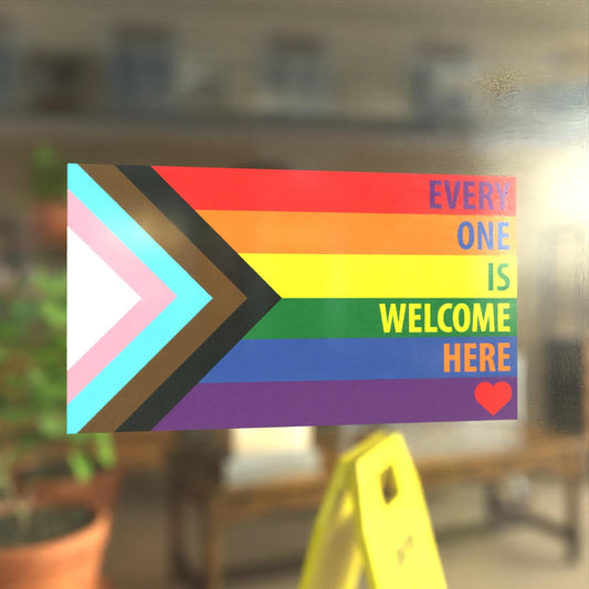 Rainbow Every One Is Welcome Here Progress Pride Flag LGBTQ POC Transgender Flag - Vibrant Static Cling Window Cling Indoor and Outdoor!