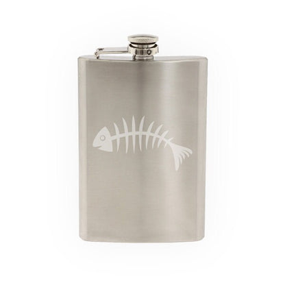 Fish Skeleton #1 - Bones Bony Fillet Bass Fishing Art- Etched 8 Oz Stainless Steel Flask