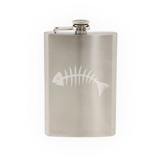 Fish Skeleton #1 - Bones Bony Fillet Bass Fishing Art- Etched 8 Oz Stainless Steel Flask