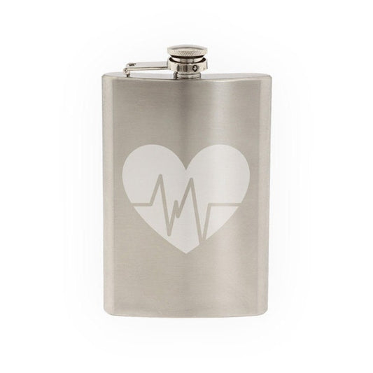 Fitness Gym Art #4 - Heart Rate Health Diet Exercise Support- Etched 8 Oz Stainless Steel Flask