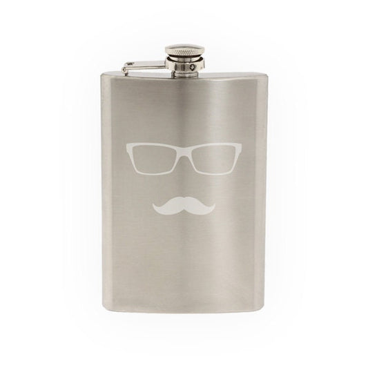 Glasses with Mustache #5 - Hipster Style Fancy Goofy- Etched 8 Oz Stainless Steel Flask