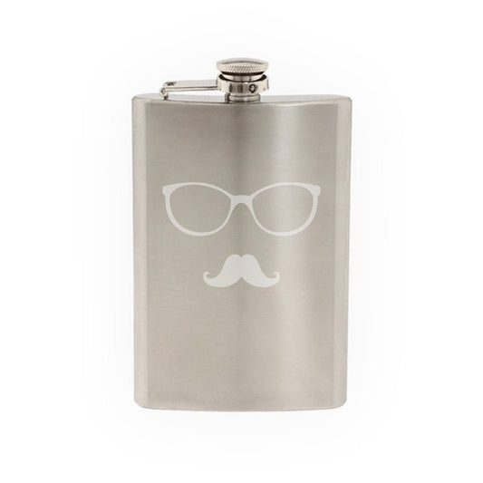 Glasses with Mustache #6 - Hipster Style Fancy Goofy- Etched 8 Oz Stainless Steel Flask