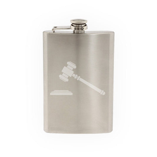 Gavel Hammer of Court Judge Auctioneer Law Authority- Etched 8 Oz Stainless Steel Flask