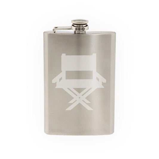 Cinema Home Theater Pt. 3- Director Chair Silhouette - Etched 8 Oz Stainless Steel Flask