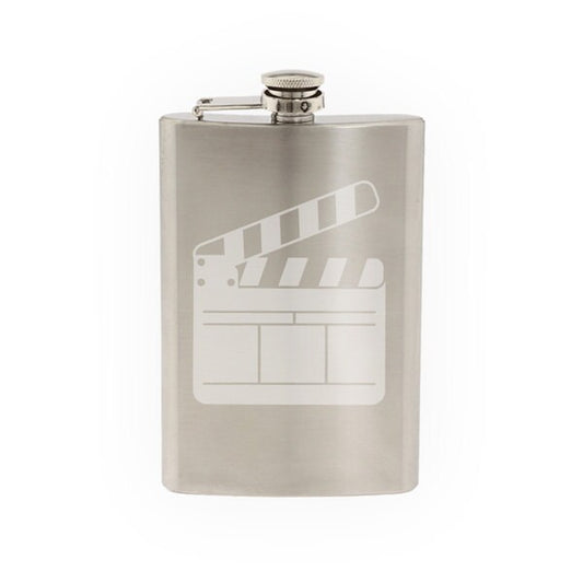 Cinema Home Theater Pt. 9 - Film Slate Clapper Board- Etched 8 Oz Stainless Steel Flask