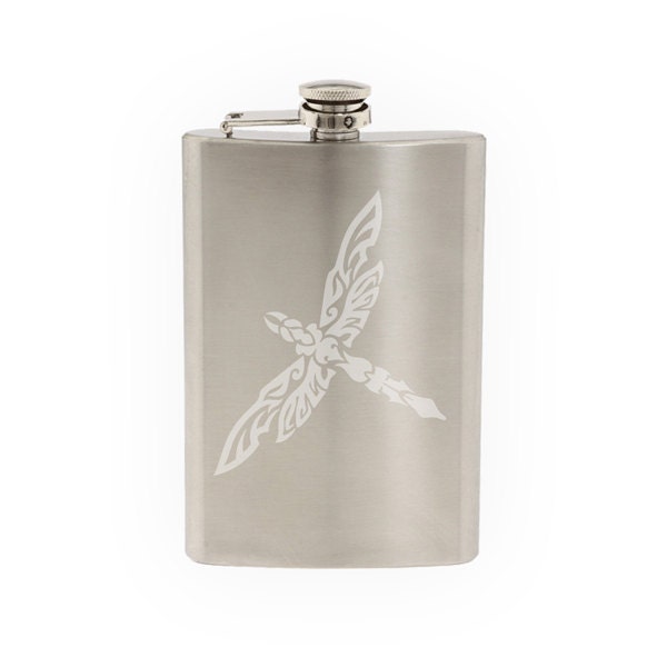 Indian Ethnic Design #3- Dragonfly Insect Beauty Tribal - Etched 8 Oz Stainless Steel Flask