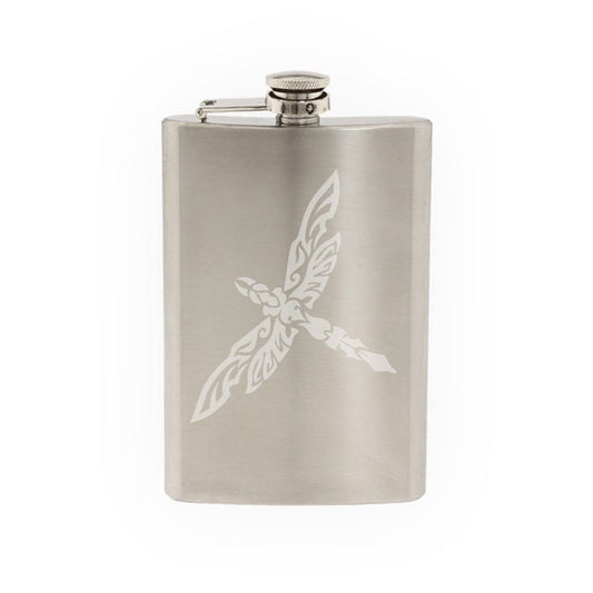 Indian Ethnic Design #3- Dragonfly Insect Beauty Tribal - Etched 8 Oz Stainless Steel Flask
