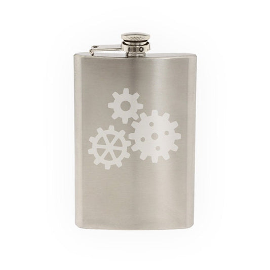 Industry #6 - Gear Mechanical Engineering Construction- Etched 8 Oz Stainless Steel Flask