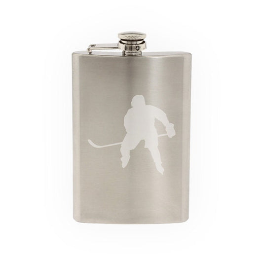 Hockey Silhouette- Player Varsity Professional League #6- Etched 8 Oz Stainless Steel Flask