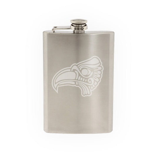 Head of the eagle in Mayan Inca Empire style Heiroglyph Art - Etched 8 Oz Stainless Steel Flask