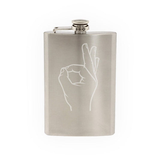 Okay Sign - Hand Gesture Everything is Alright A-ok- Etched 8 Oz Stainless Steel Flask