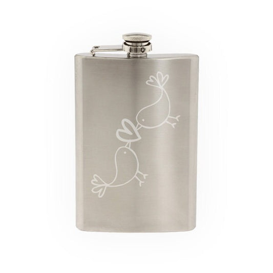 Love Doodle Art #3 - Kissing Birds- Etched 8 Oz Stainless Steel Flask