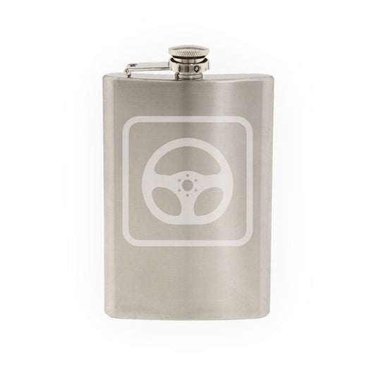 Mechanic Auto Repair #4 - Steering Wheel Race Car Logo- Etched 8 Oz Stainless Steel Flask