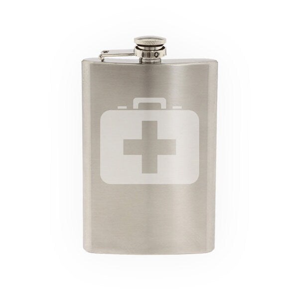 Medical #6- First Aid Box Symbol Emergency Service Care- Etched 8 Oz Stainless Steel Flask