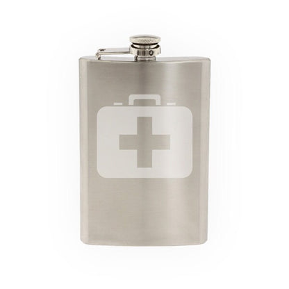 Medical #6- First Aid Box Symbol Emergency Service Care- Etched 8 Oz Stainless Steel Flask