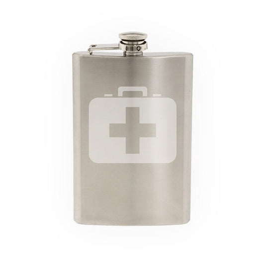 Medical #6- First Aid Box Symbol Emergency Service Care- Etched 8 Oz Stainless Steel Flask