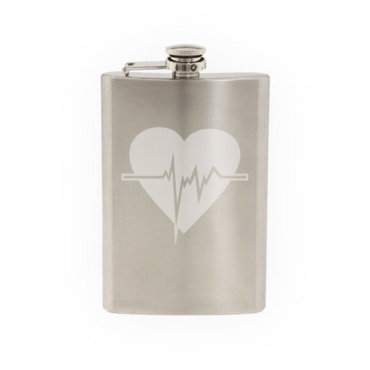 Medical #7- Heart Rate BPM Health Fitness Physical Work- Etched 8 Oz Stainless Steel Flask