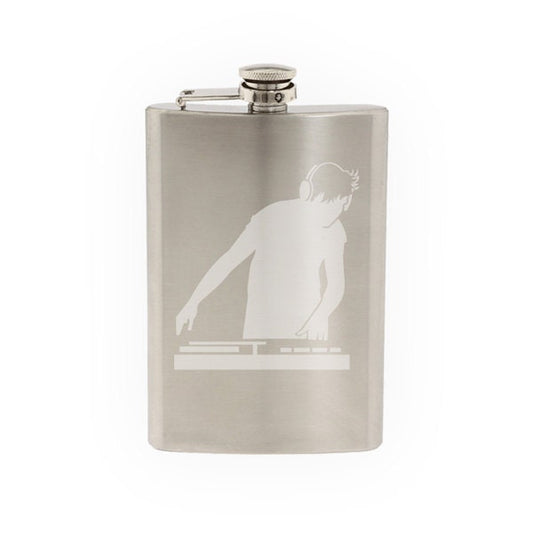 Music DJ #7 - Live Turntable Track Mixing Digital Hip - Etched 8 Oz Stainless Steel Flask